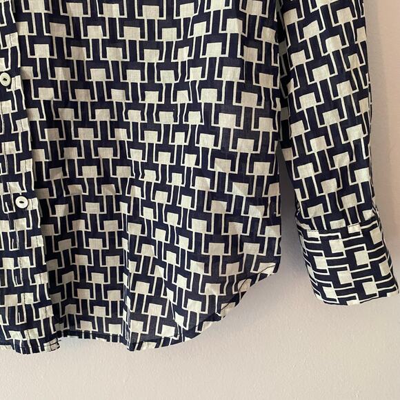 Nili Lotan Navy Blue White Allover Kate Print Button Down Shirt 100 Cotton Small - Picture 5 of 10